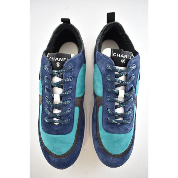 Chanel 21K Mens Green Blue Grey White CC Logo Lace Low Top Trainer Sneaker 44 11 - Picture 7 of 11